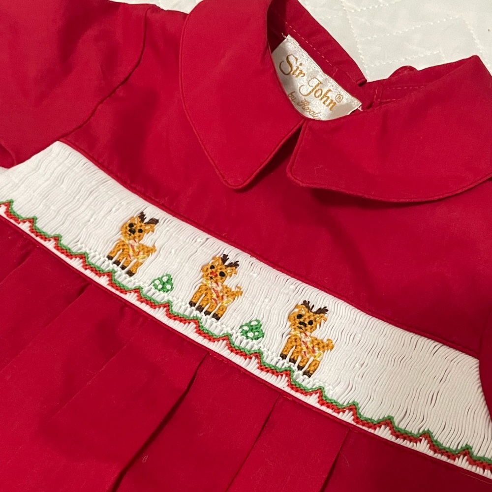 Holiday Christmas Reindeer Smocked Bubble Onesie in red by Sir John - 12 months